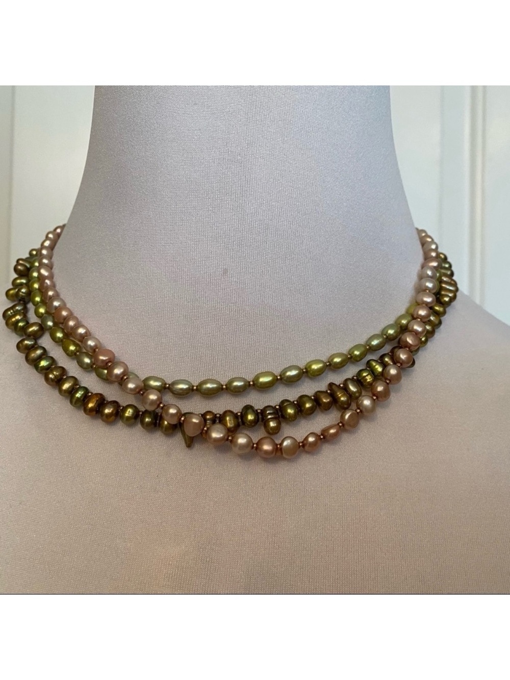 NECKLACE CHOKER BEADS PINK GREEN FRESHWATER PEARL 3 STRAND 17”